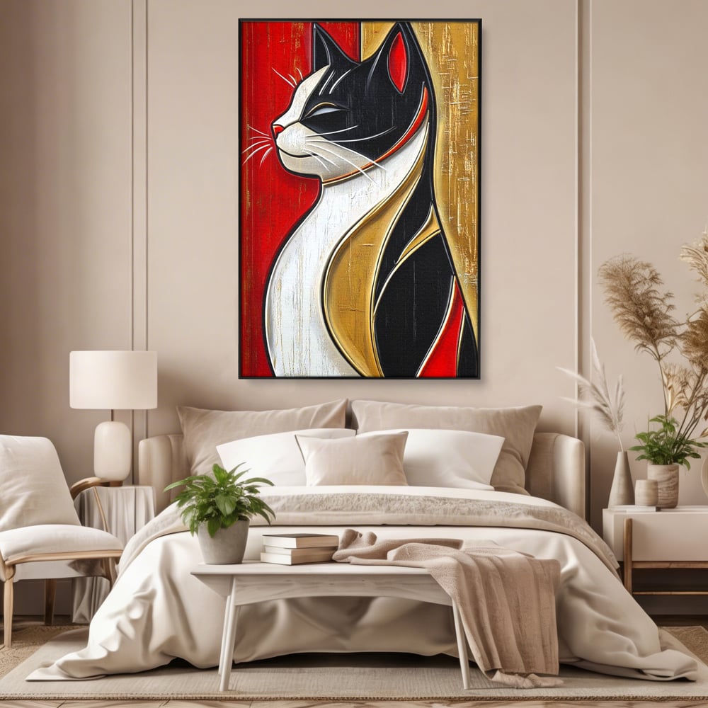 Tablou canvas cu tablou canvas cu pisica in profil, in rama de aluminiu negru, pe perete intr-un dormitor
